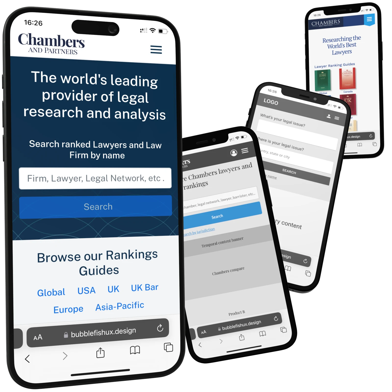Chambers legal research platform shown on three mobile devices