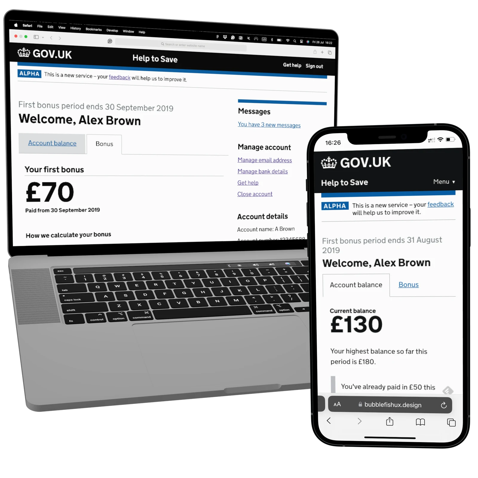 Help to Save account screens shown on a laptop and mobile phone