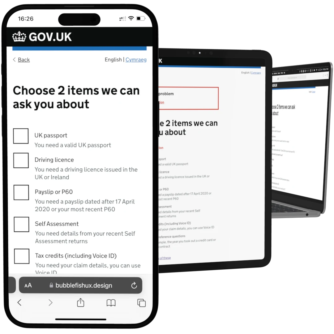 Identity verification screens shown across mobile, tablet and desktop devices