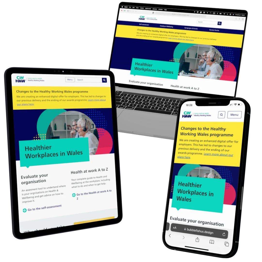 Healthy Working Wales service shown across tablet, laptop and mobile devices