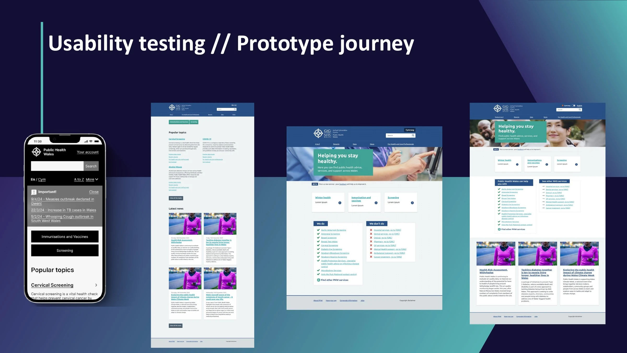 Public Health Wales prototype journey from an early mobile concept to the refined desktop prototype